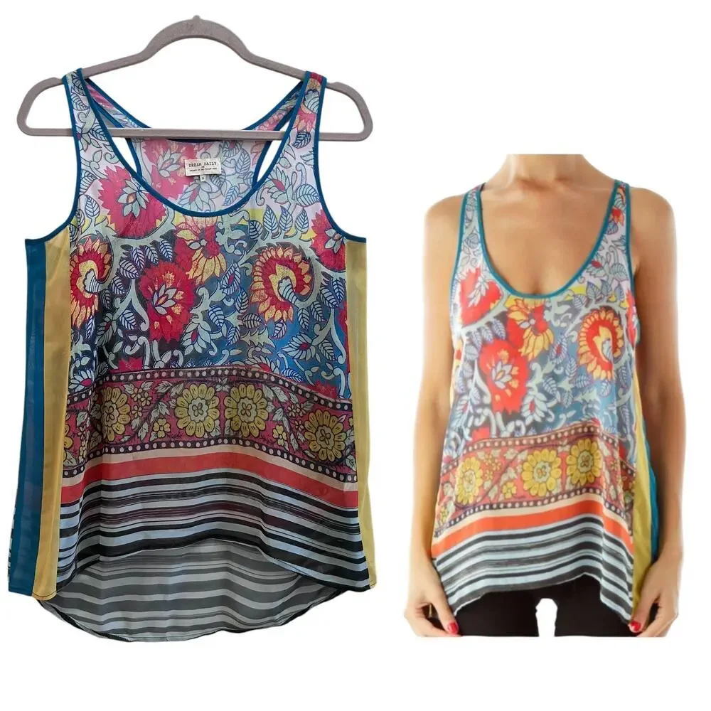 Dream Daily Anthropologie Boho Print Semi Sheer Racerback Tank Top Size Small - Picture 2 of 8